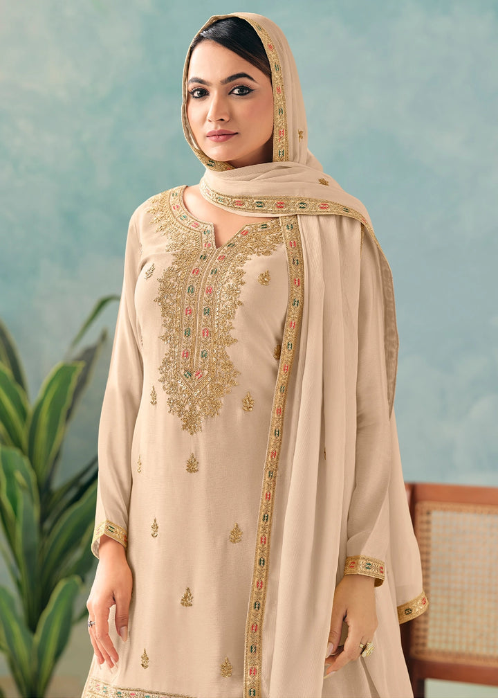 Beige Brown Skirt & Top in Chinon Silk with Intricate Embroidery