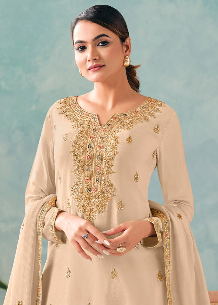 Beige Brown Skirt & Top in Chinon Silk with Intricate Embroidery