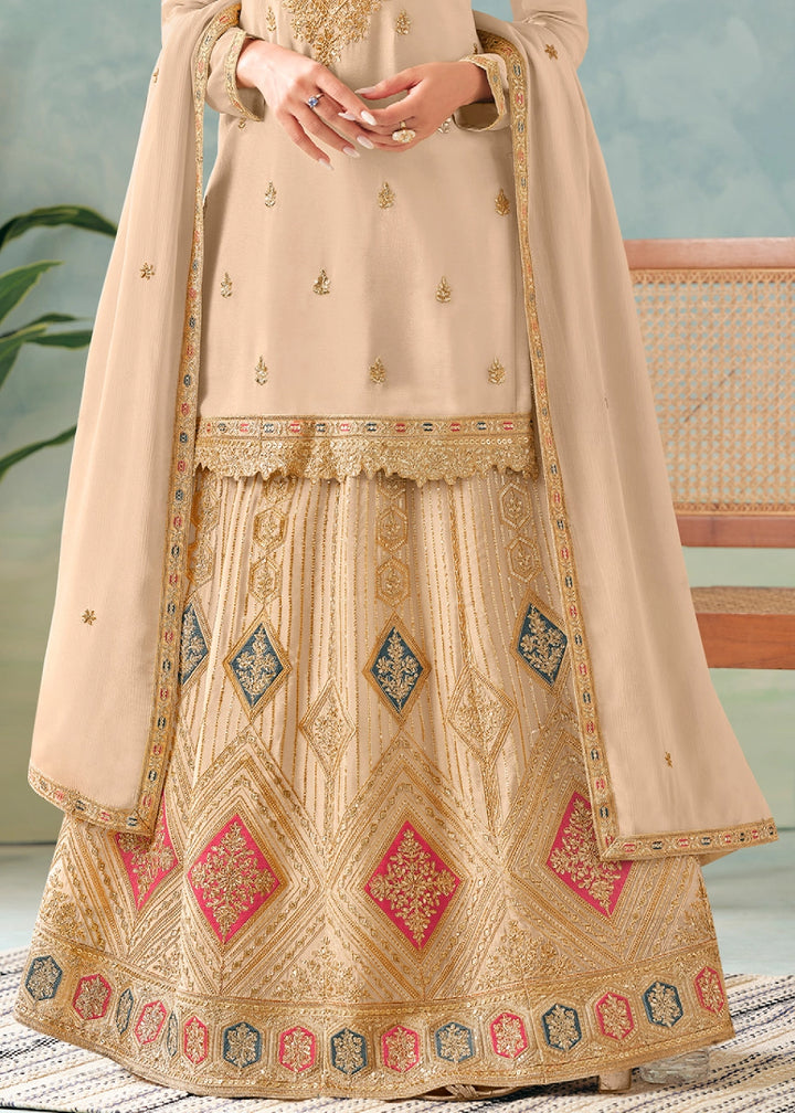 Beige Brown Skirt & Top in Chinon Silk with Intricate Embroidery
