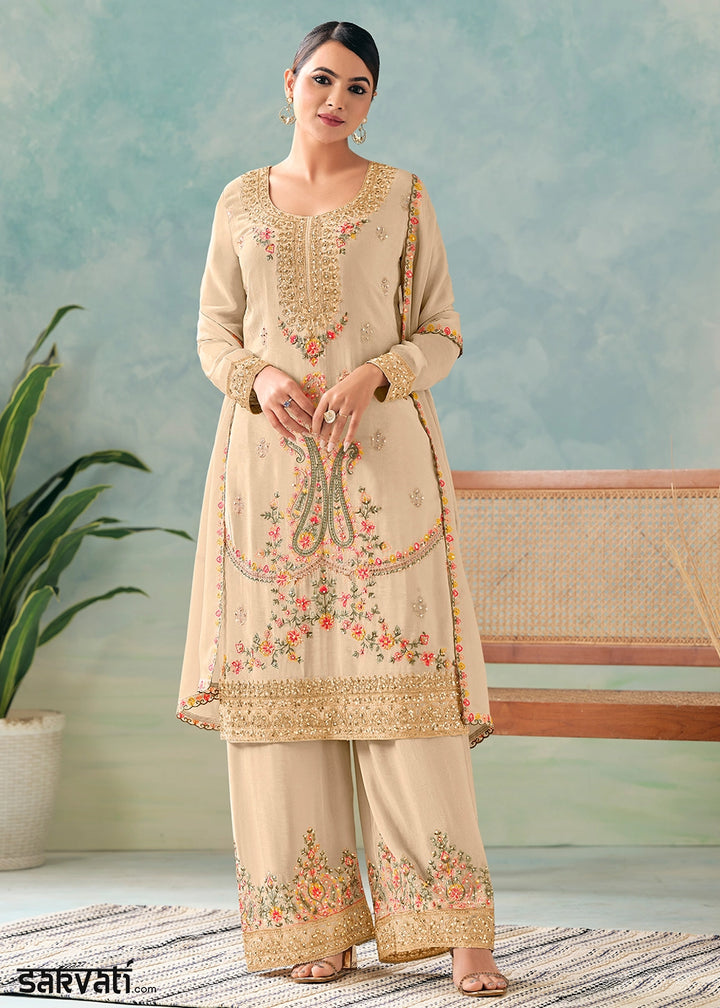 Beige Brown Palazzo Suit in Chinon Silk with Intricate Embroidery
