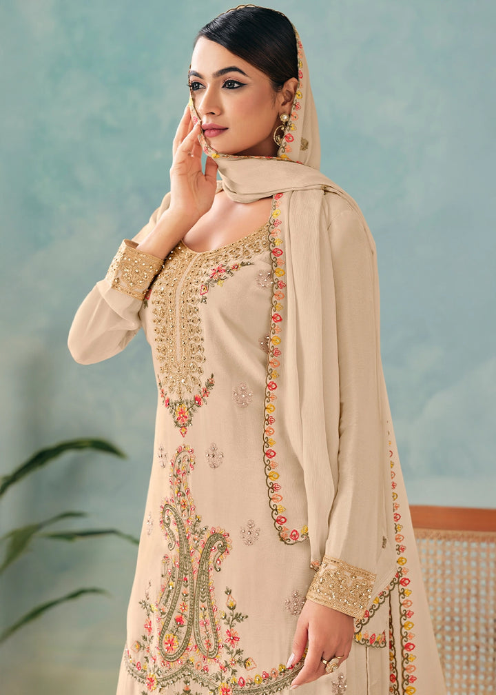 Beige Brown Palazzo Suit in Chinon Silk with Intricate Embroidery