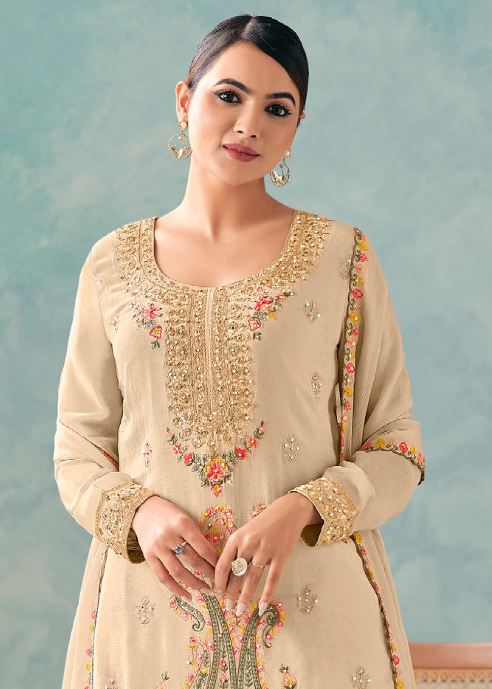 Beige Brown Palazzo Suit in Chinon Silk with Intricate Embroidery