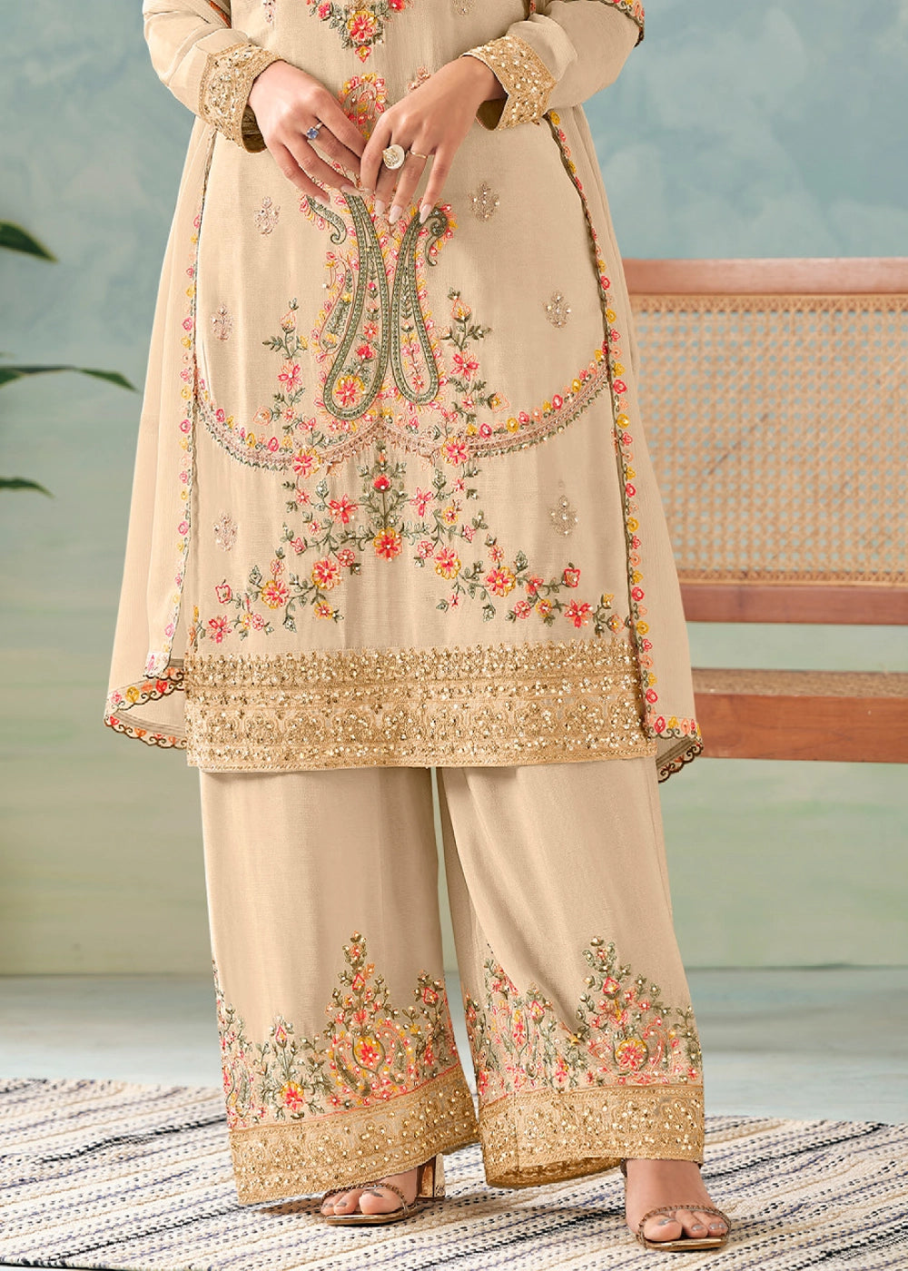 Beige Brown Palazzo Suit in Chinon Silk with Intricate Embroidery