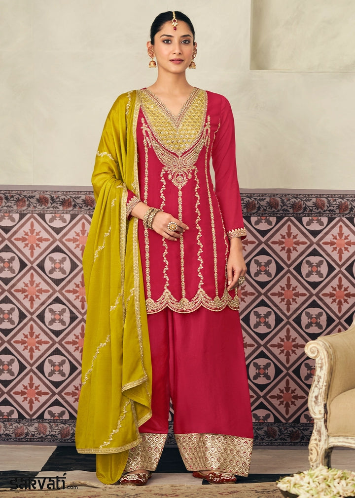 Merlot Red Chinon Silk Palazzo Ensemble with Embroidery