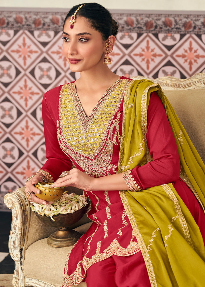 Merlot Red Chinon Silk Palazzo Ensemble with Embroidery