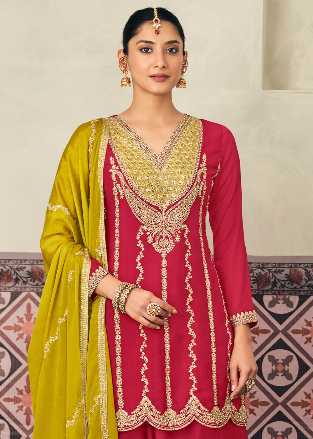 Merlot Red Chinon Silk Palazzo Ensemble with Embroidery