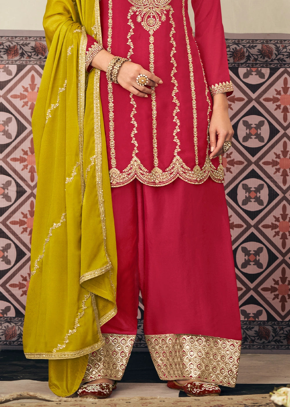 Merlot Red Chinon Silk Palazzo Ensemble with Embroidery