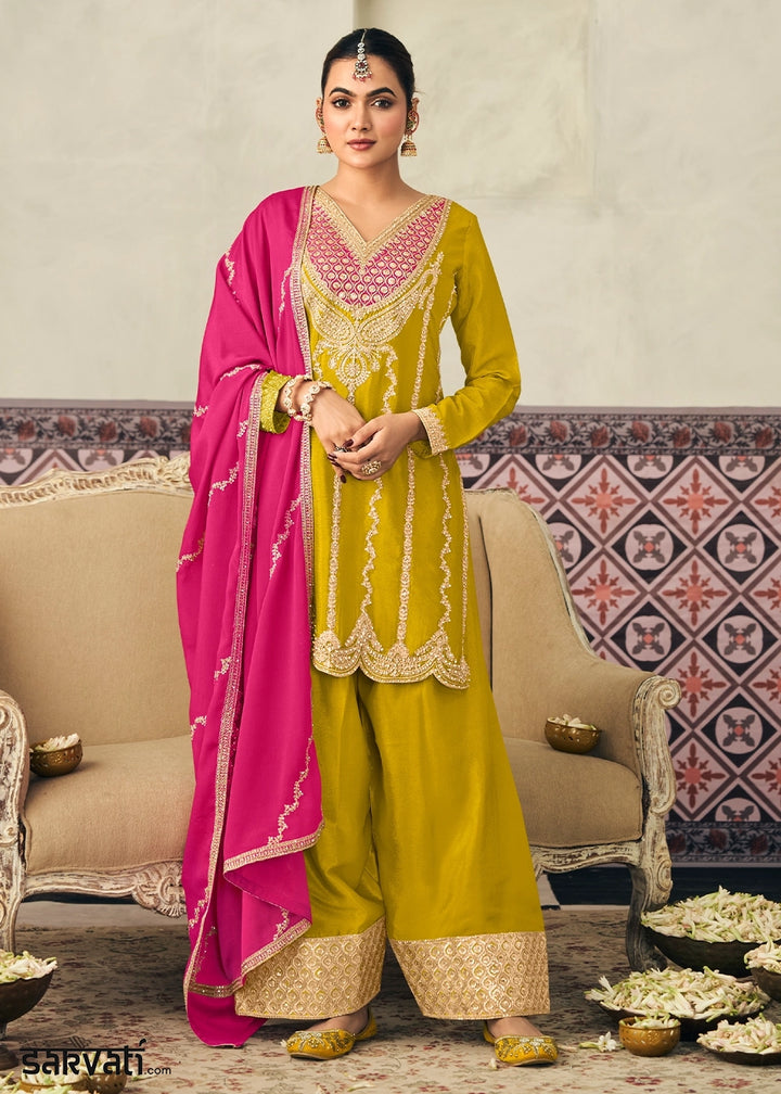 Chartreuse Green Chinon Silk Palazzo Ensemble with Embroidery