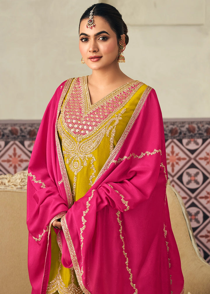 Chartreuse Green Chinon Silk Palazzo Ensemble with Embroidery