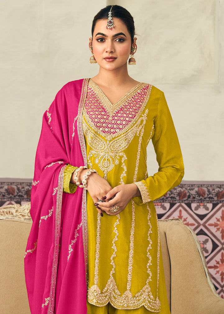 Chartreuse Green Chinon Silk Palazzo Ensemble with Embroidery