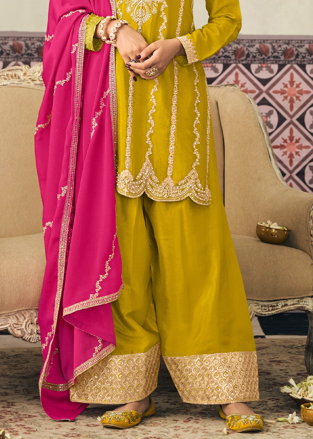 Chartreuse Green Chinon Silk Palazzo Ensemble with Embroidery