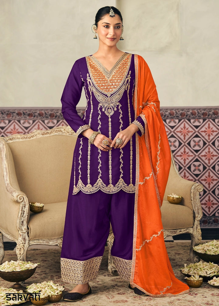 Indigo Purple Chinon Silk Palazzo Ensemble with Embroidery