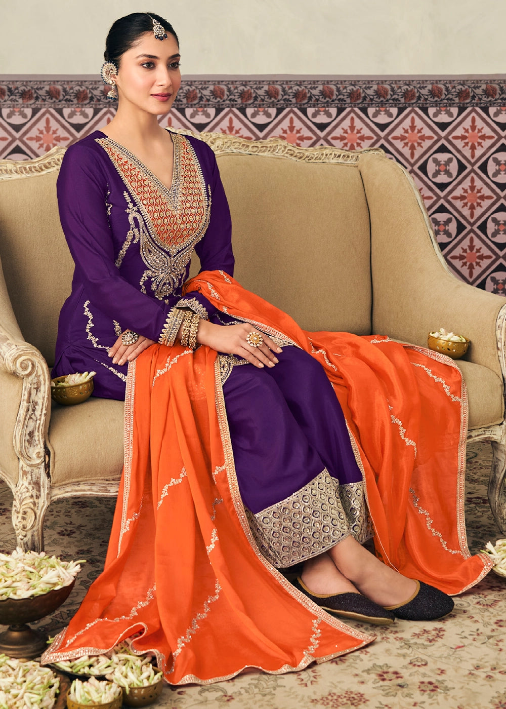 Indigo Purple Chinon Silk Palazzo Ensemble with Embroidery