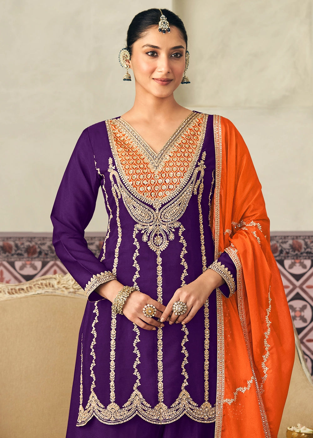 Indigo Purple Chinon Silk Palazzo Ensemble with Embroidery
