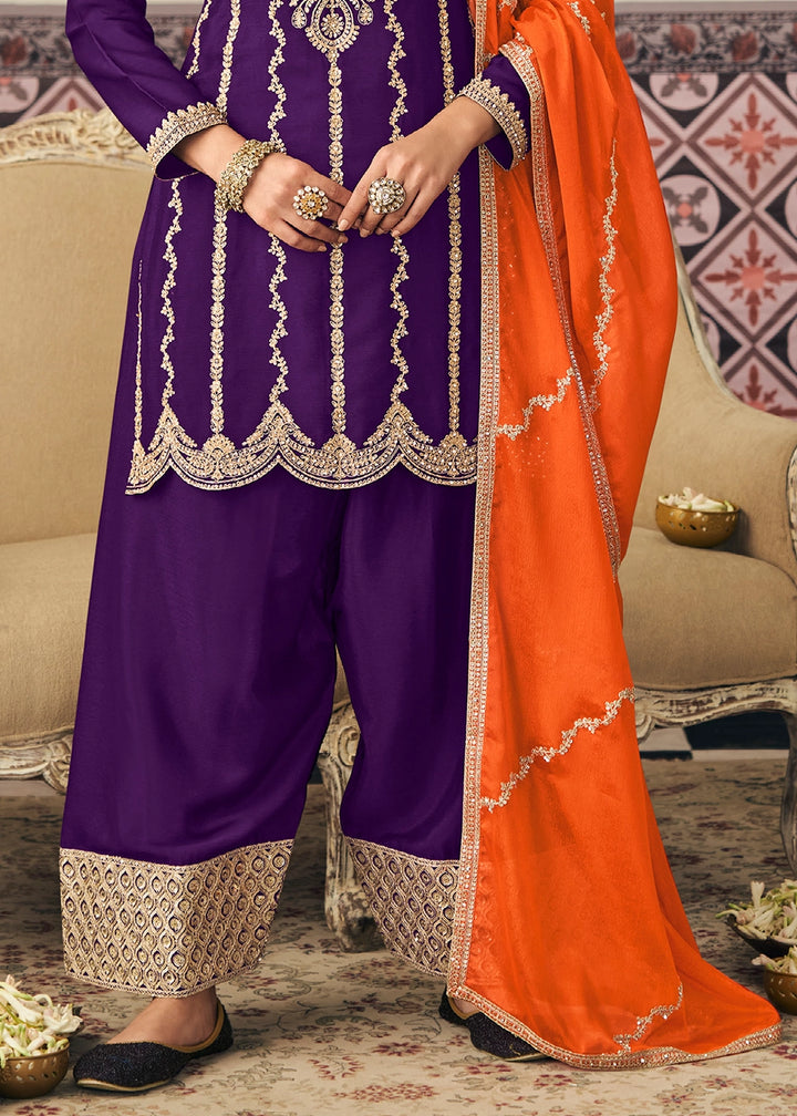 Indigo Purple Chinon Silk Palazzo Ensemble with Embroidery
