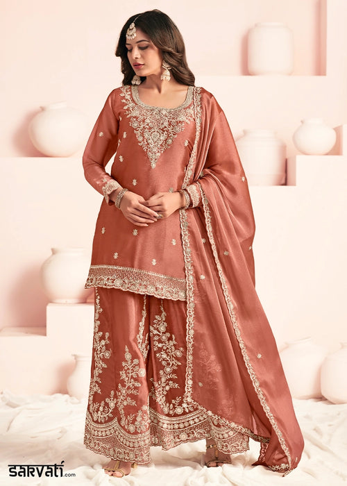 Sienna Brown Chinon Silk Embellished Palazzo Suit