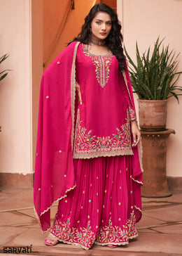 Hot Pink Chinon Silk Palazzo Suit Set with Multicolour Thread Embroidery and Zarkan Work