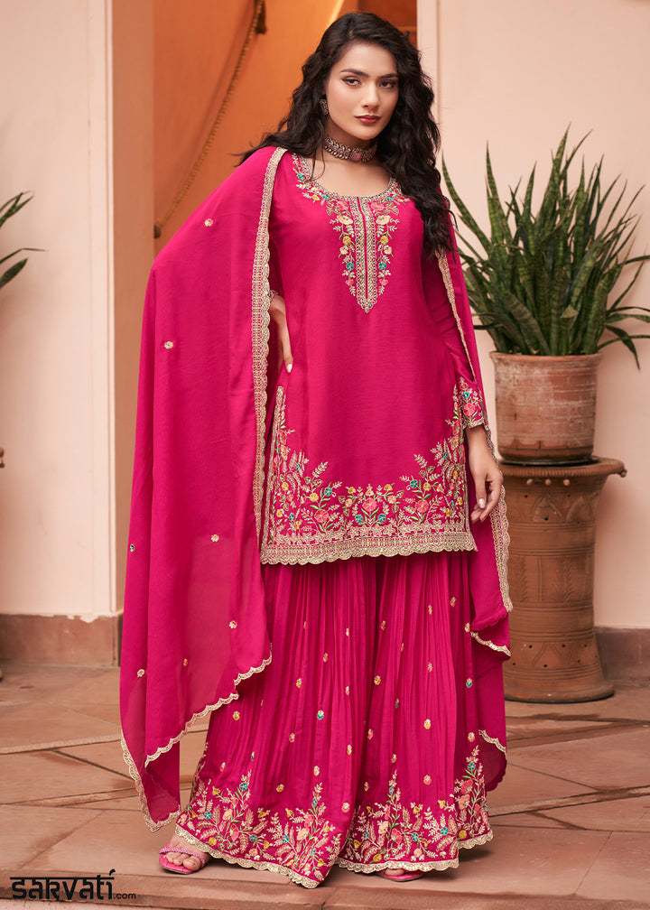 Hot Pink Chinon Silk Palazzo Suit Set with Multicolour Thread Embroidery and Zarkan Work