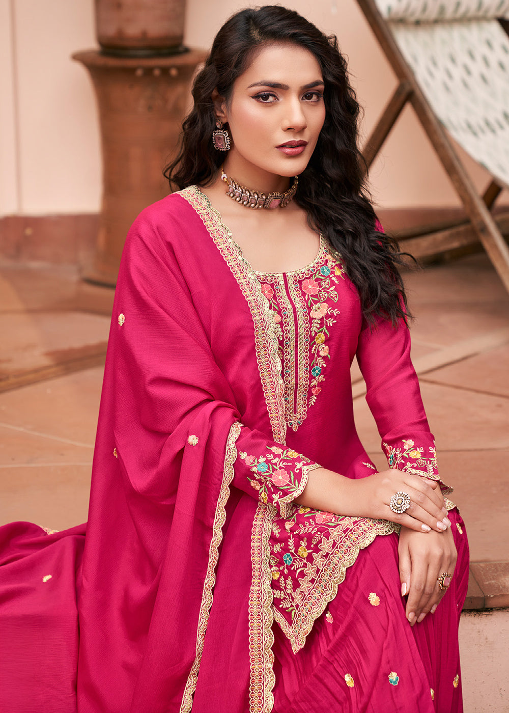 Hot Pink Chinon Silk Palazzo Suit Set with Multicolour Thread Embroidery and Zarkan Work