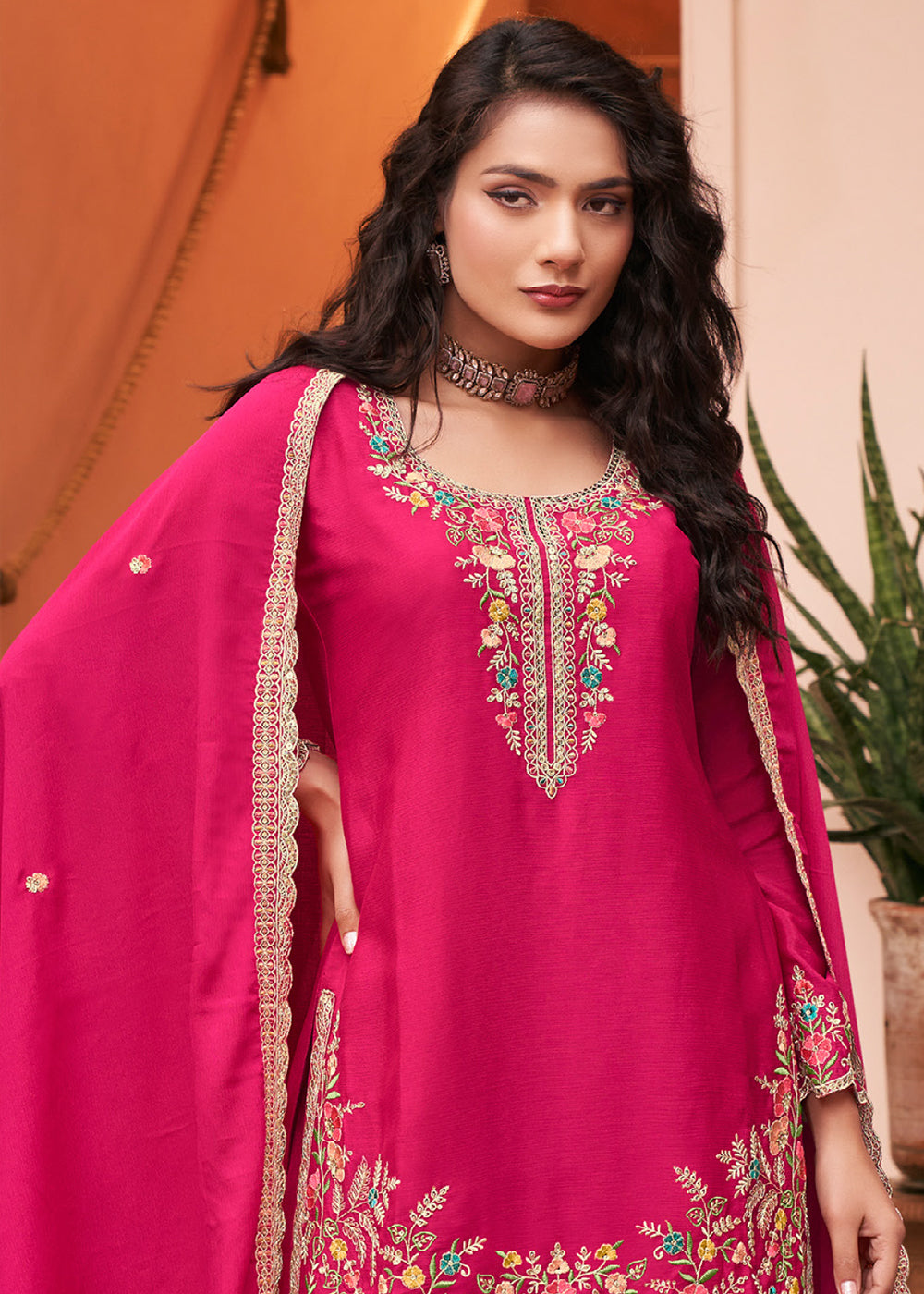 Hot Pink Chinon Silk Palazzo Suit Set with Multicolour Thread Embroidery and Zarkan Work