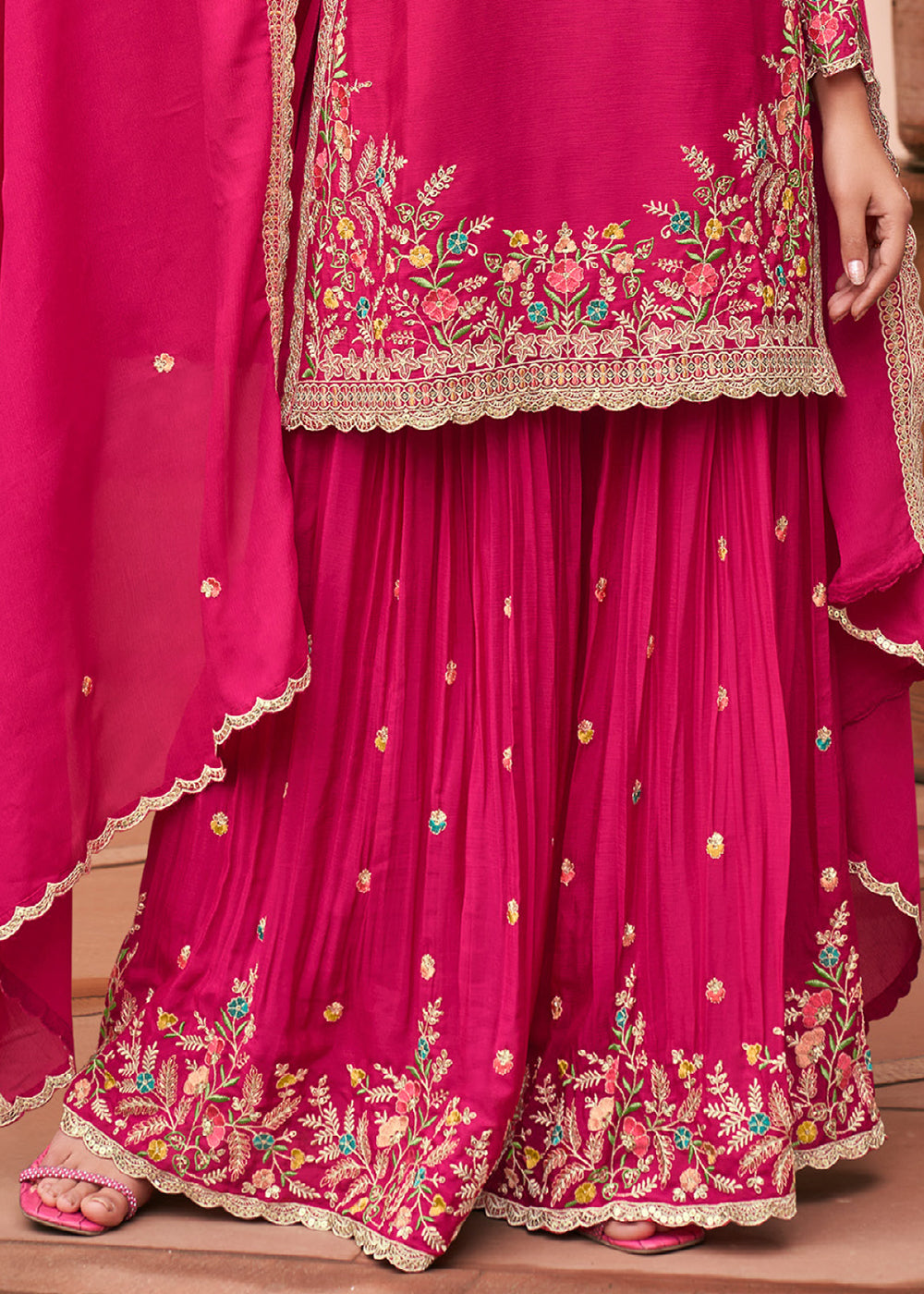 Hot Pink Chinon Silk Palazzo Suit Set with Multicolour Thread Embroidery and Zarkan Work