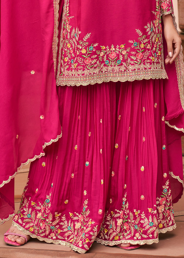 Hot Pink Chinon Silk Palazzo Suit Set with Multicolour Thread Embroidery and Zarkan Work