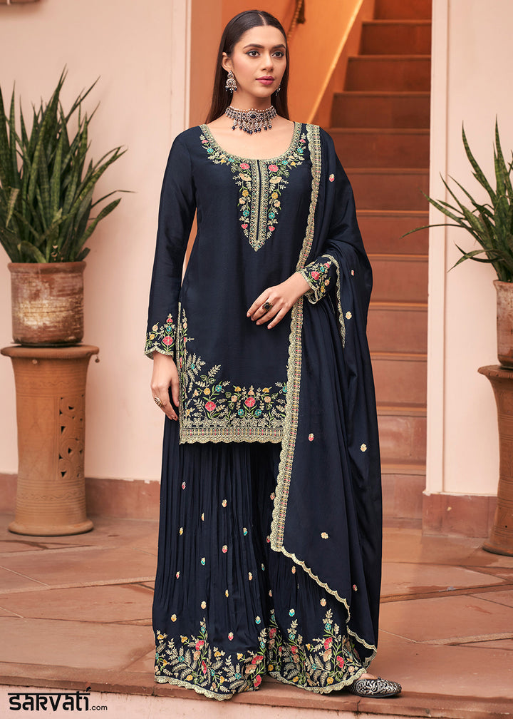 Midnight Navy Blue Chinon Silk Palazzo Suit Set with Multicolour Thread Embroidery and Zarkan Work