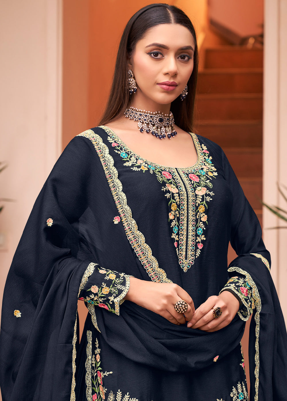Midnight Navy Blue Chinon Silk Palazzo Suit Set with Multicolour Thread Embroidery and Zarkan Work