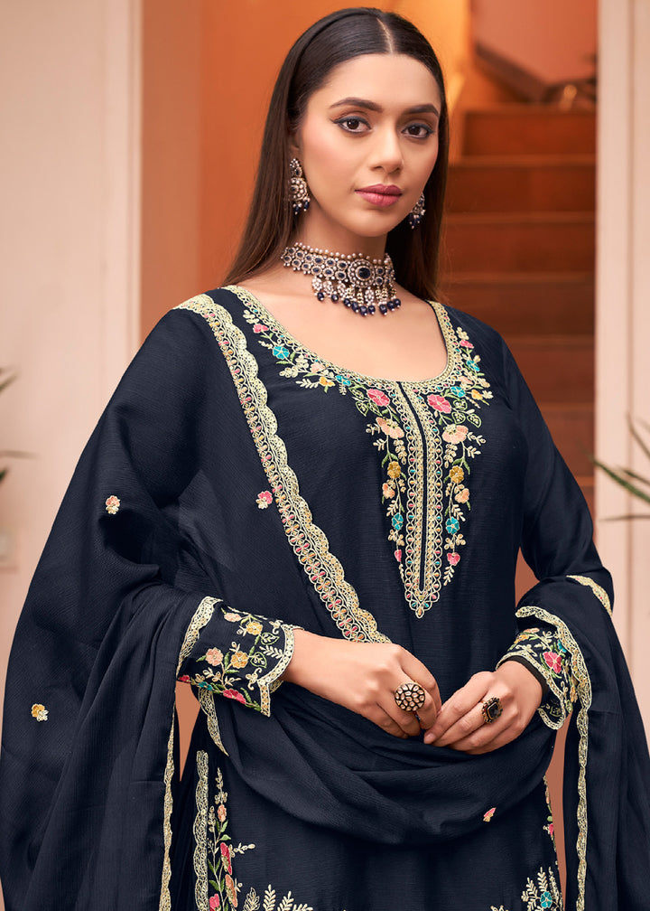 Midnight Navy Blue Chinon Silk Palazzo Suit Set with Multicolour Thread Embroidery and Zarkan Work