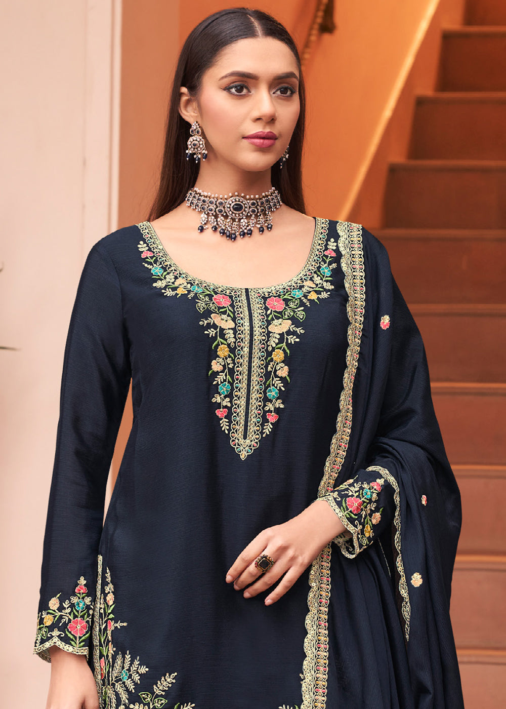 Midnight Navy Blue Chinon Silk Palazzo Suit Set with Multicolour Thread Embroidery and Zarkan Work