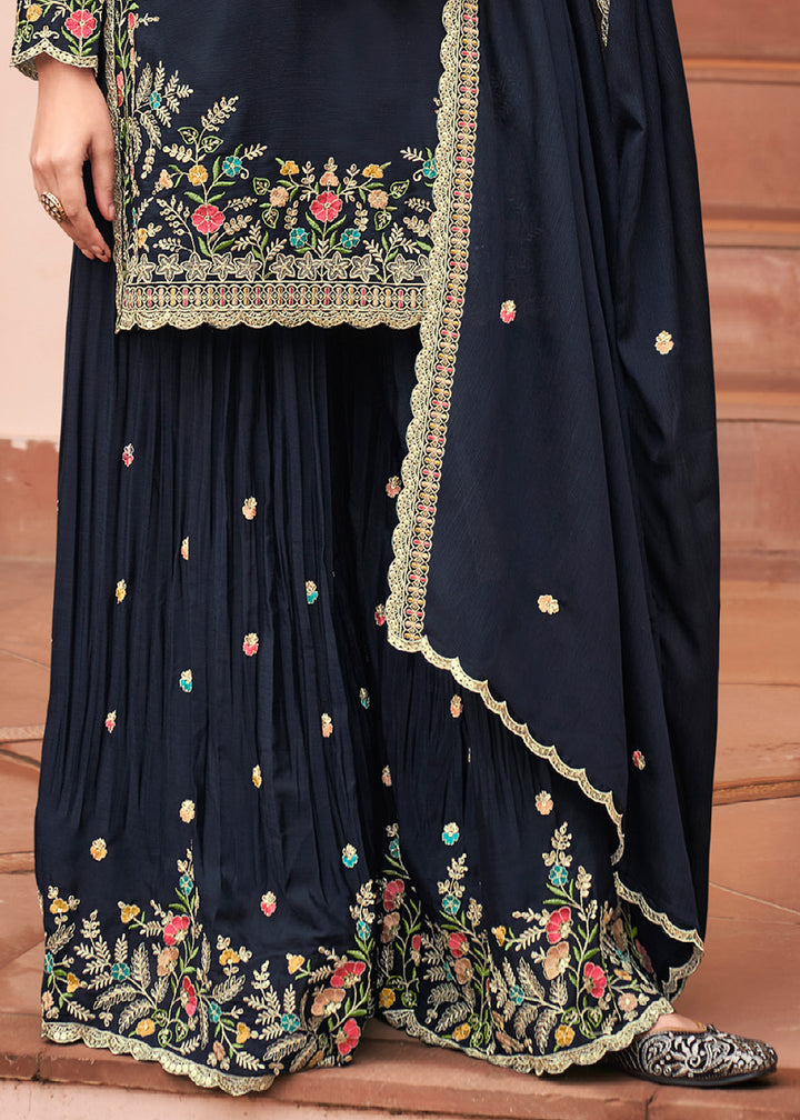 Midnight Navy Blue Chinon Silk Palazzo Suit Set with Multicolour Thread Embroidery and Zarkan Work