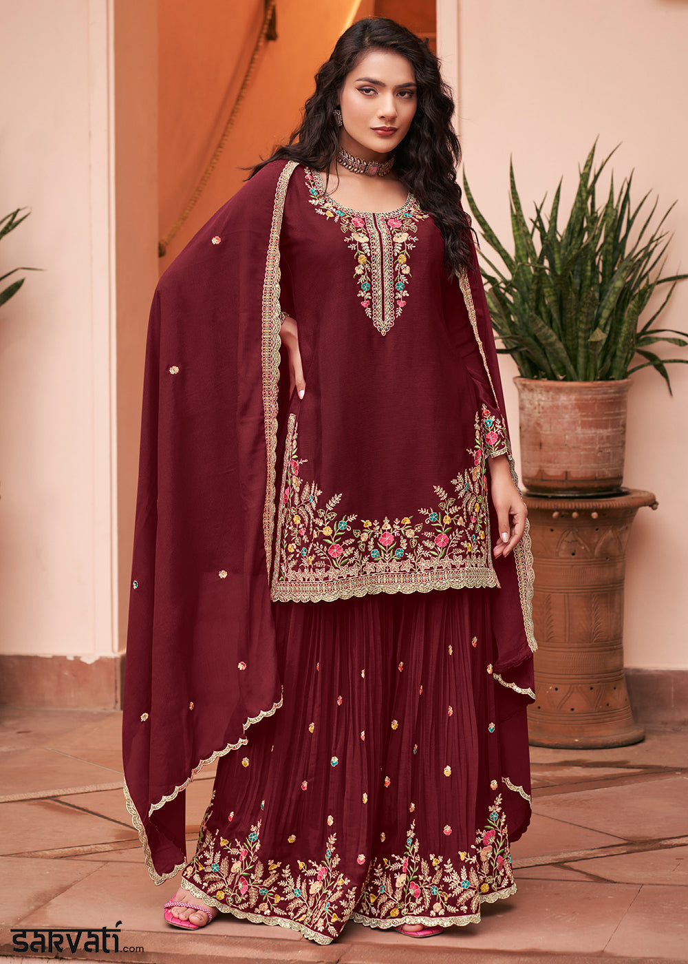 Chocolate Brown Chinon Silk Palazzo Suit Set with Multicolour Thread Embroidery and Zarkan Work
