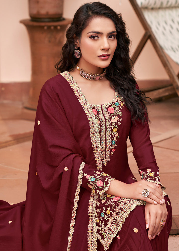 Chocolate Brown Chinon Silk Palazzo Suit Set with Multicolour Thread Embroidery and Zarkan Work