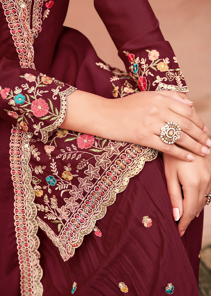 Chocolate Brown Chinon Silk Palazzo Suit Set with Multicolour Thread Embroidery and Zarkan Work