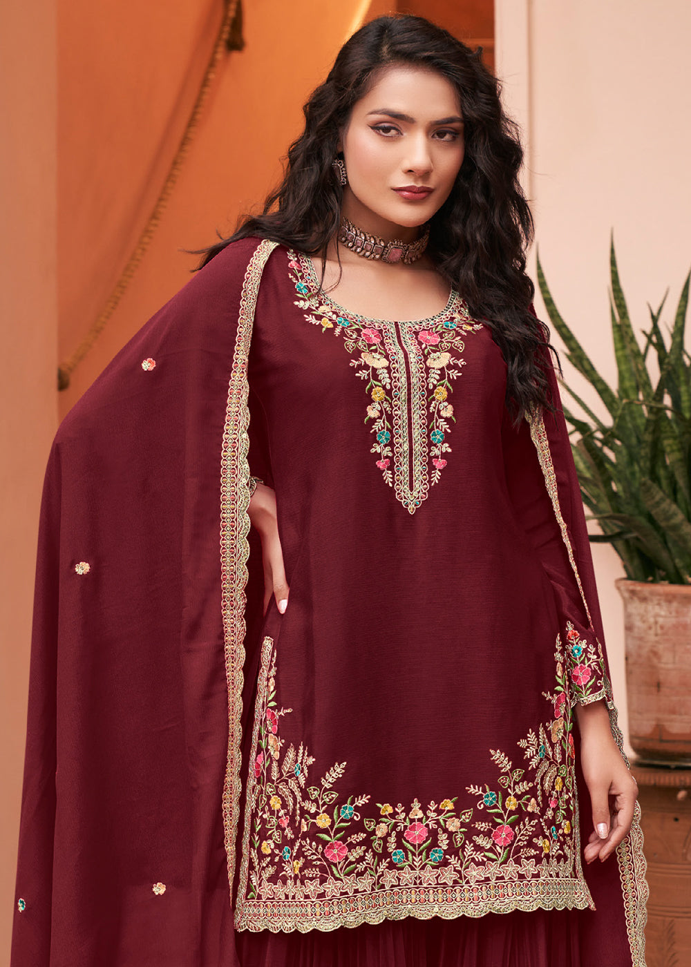 Chocolate Brown Chinon Silk Palazzo Suit Set with Multicolour Thread Embroidery and Zarkan Work