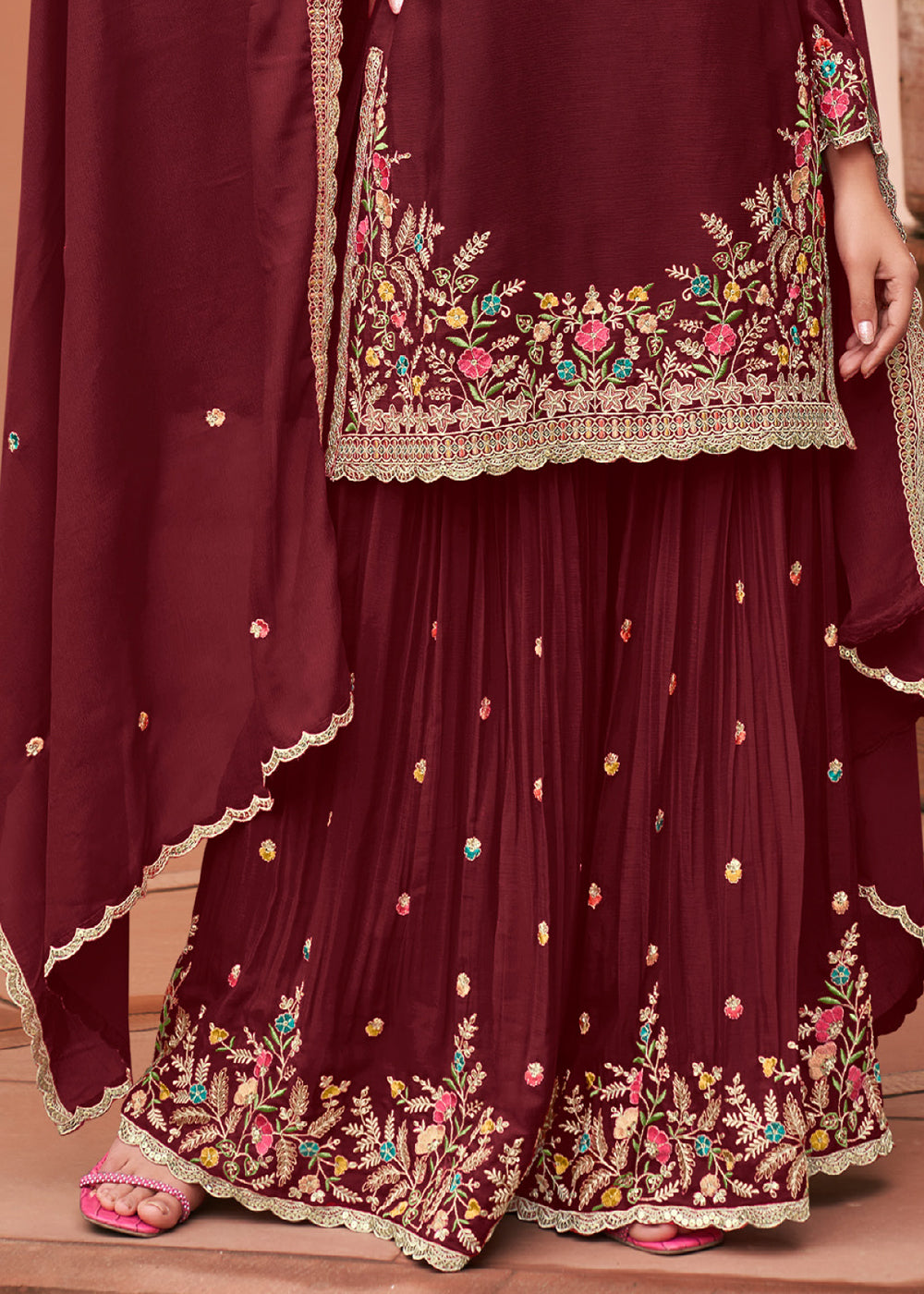 Chocolate Brown Chinon Silk Palazzo Suit Set with Multicolour Thread Embroidery and Zarkan Work