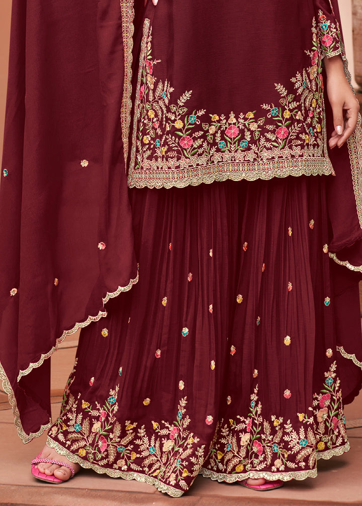Chocolate Brown Chinon Silk Palazzo Suit Set with Multicolour Thread Embroidery and Zarkan Work