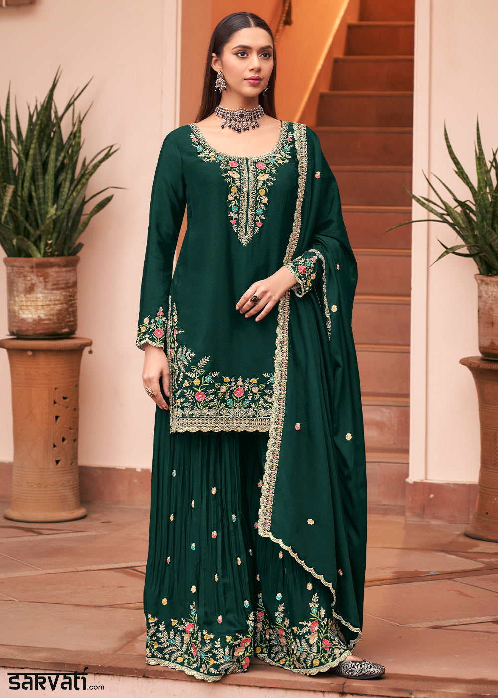 Bottle Green Chinon Silk Palazzo Suit Set with Multicolour Thread Embroidery and Zarkan Work