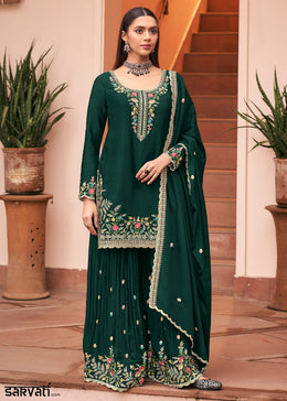 Bottle Green Chinon Silk Palazzo Suit Set with Multicolour Thread Embroidery and Zarkan Work