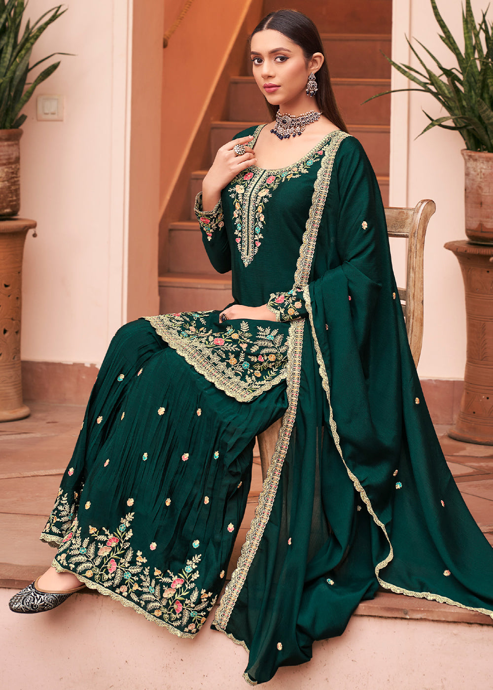 Bottle Green Chinon Silk Palazzo Suit Set with Multicolour Thread Embroidery and Zarkan Work