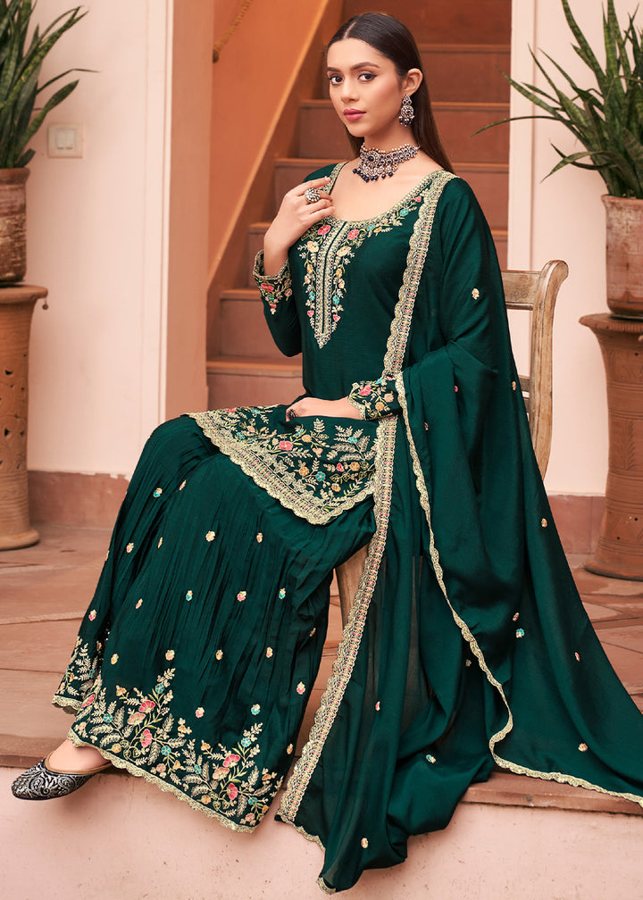 Bottle Green Chinon Silk Palazzo Suit Set with Multicolour Thread Embroidery and Zarkan Work