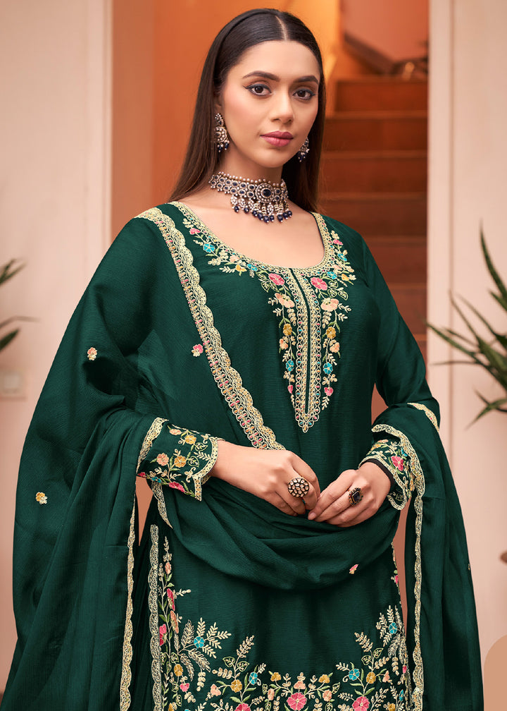 Bottle Green Chinon Silk Palazzo Suit Set with Multicolour Thread Embroidery and Zarkan Work