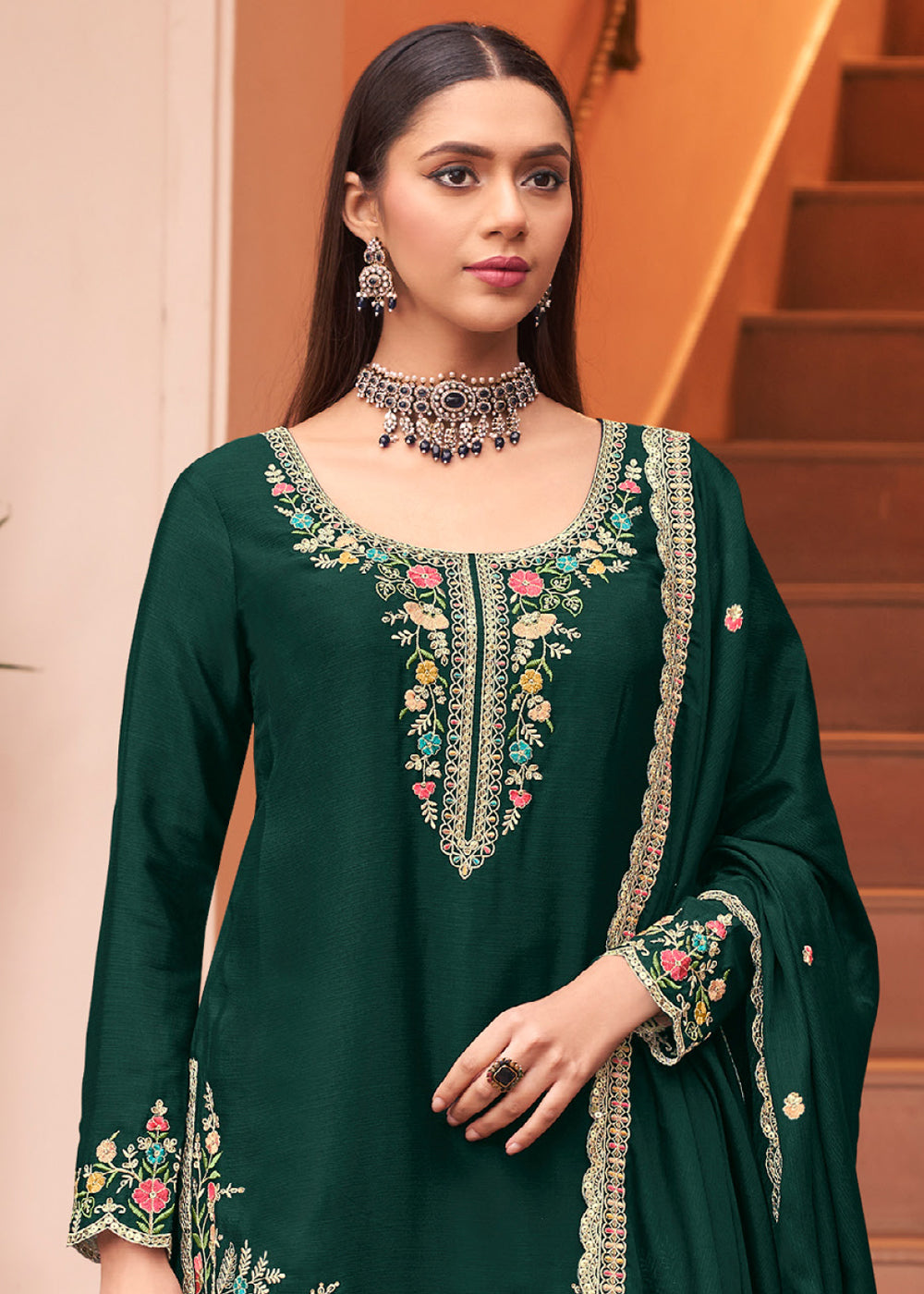 Bottle Green Chinon Silk Palazzo Suit Set with Multicolour Thread Embroidery and Zarkan Work