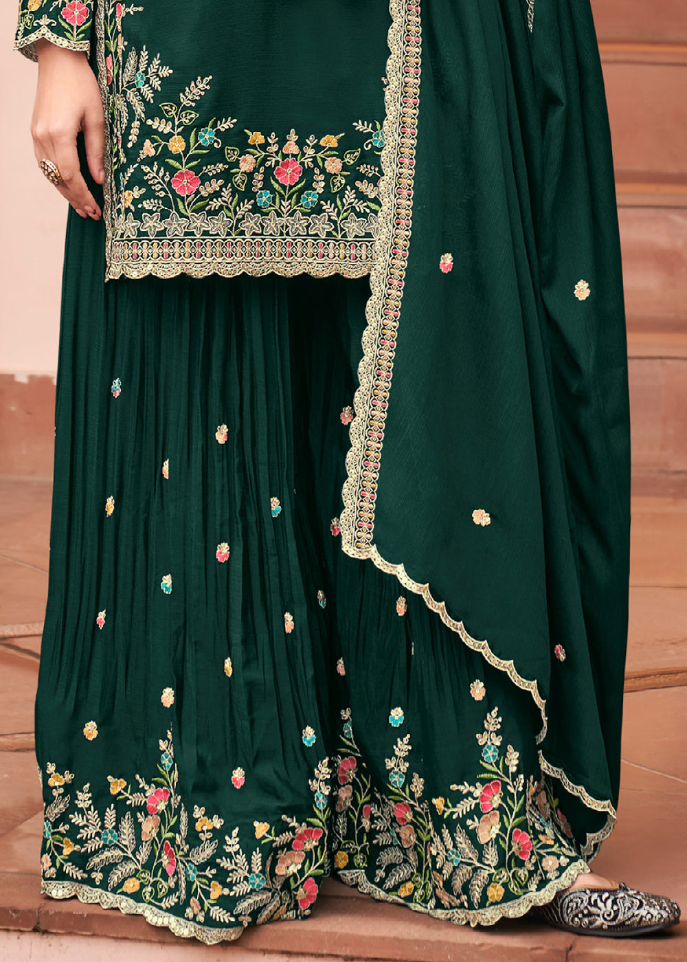 Bottle Green Chinon Silk Palazzo Suit Set with Multicolour Thread Embroidery and Zarkan Work