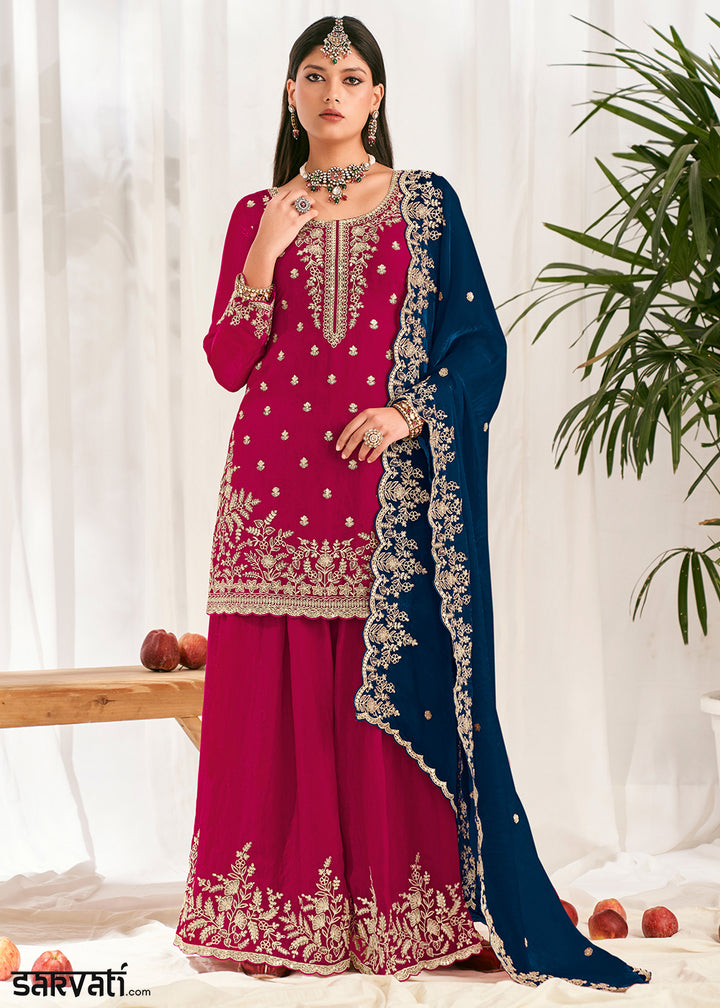 Berry Pink Silk Full Flare Palazzo Suit Set with Heavy Embroidered Zarkan Work