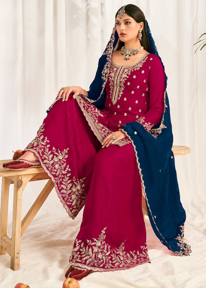 Berry Pink Silk Full Flare Palazzo Suit Set with Heavy Embroidered Zarkan Work