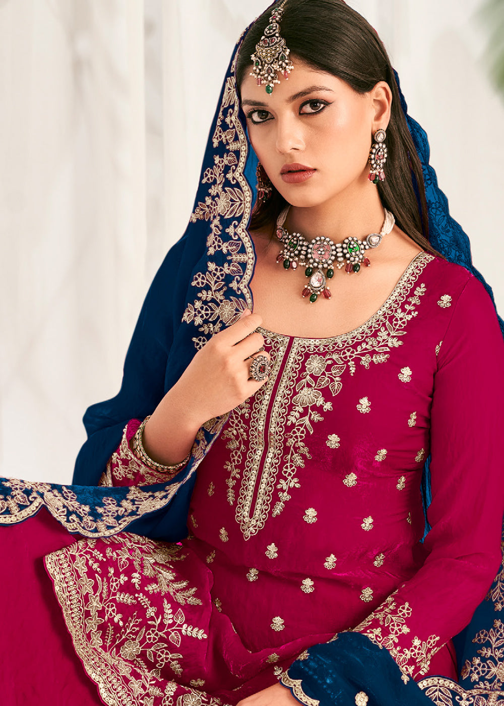 Berry Pink Silk Full Flare Palazzo Suit Set with Heavy Embroidered Zarkan Work