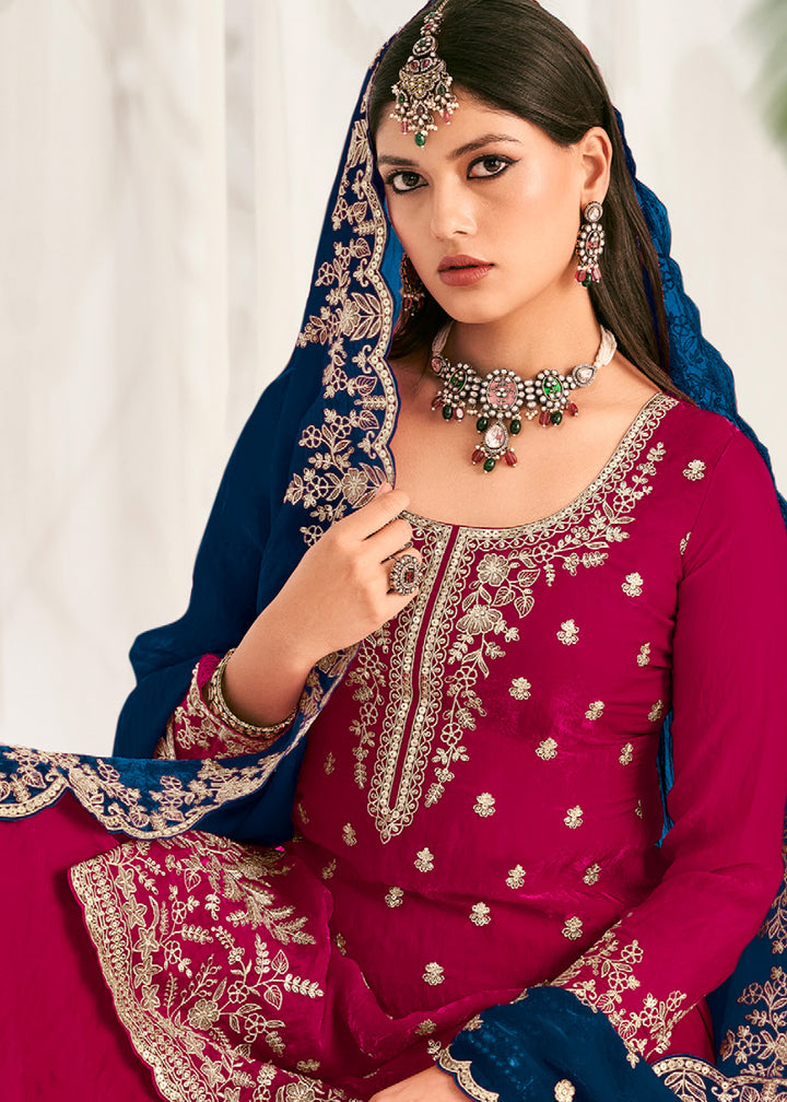 Berry Pink Silk Full Flare Palazzo Suit Set with Heavy Embroidered Zarkan Work