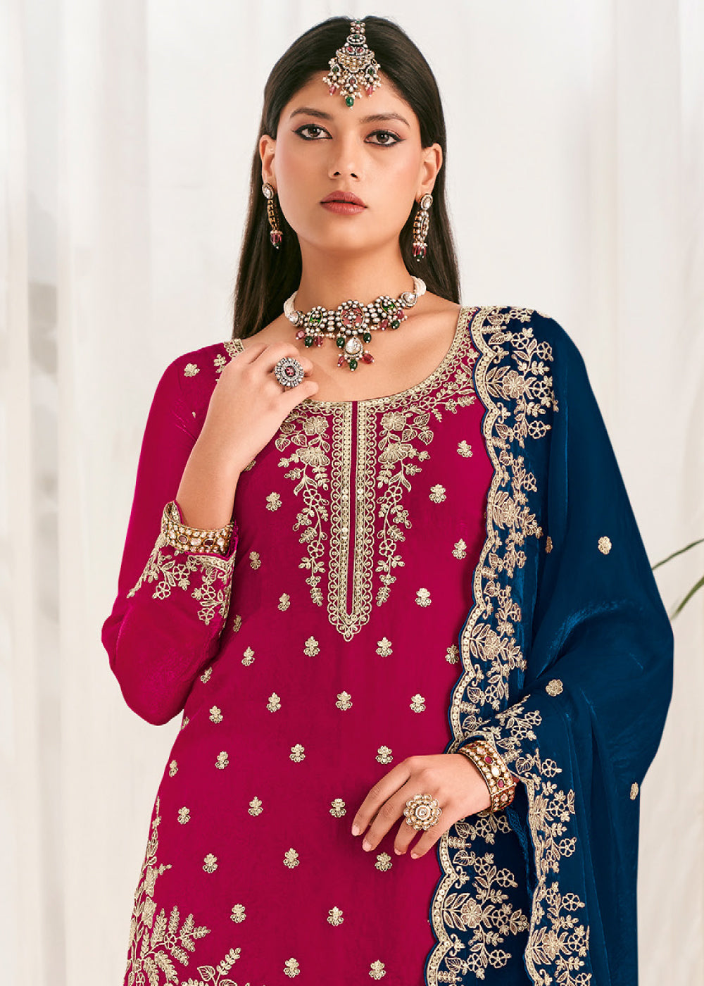 Berry Pink Silk Full Flare Palazzo Suit Set with Heavy Embroidered Zarkan Work