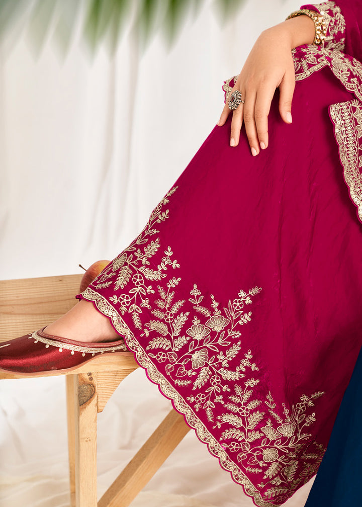 Berry Pink Silk Full Flare Palazzo Suit Set with Heavy Embroidered Zarkan Work